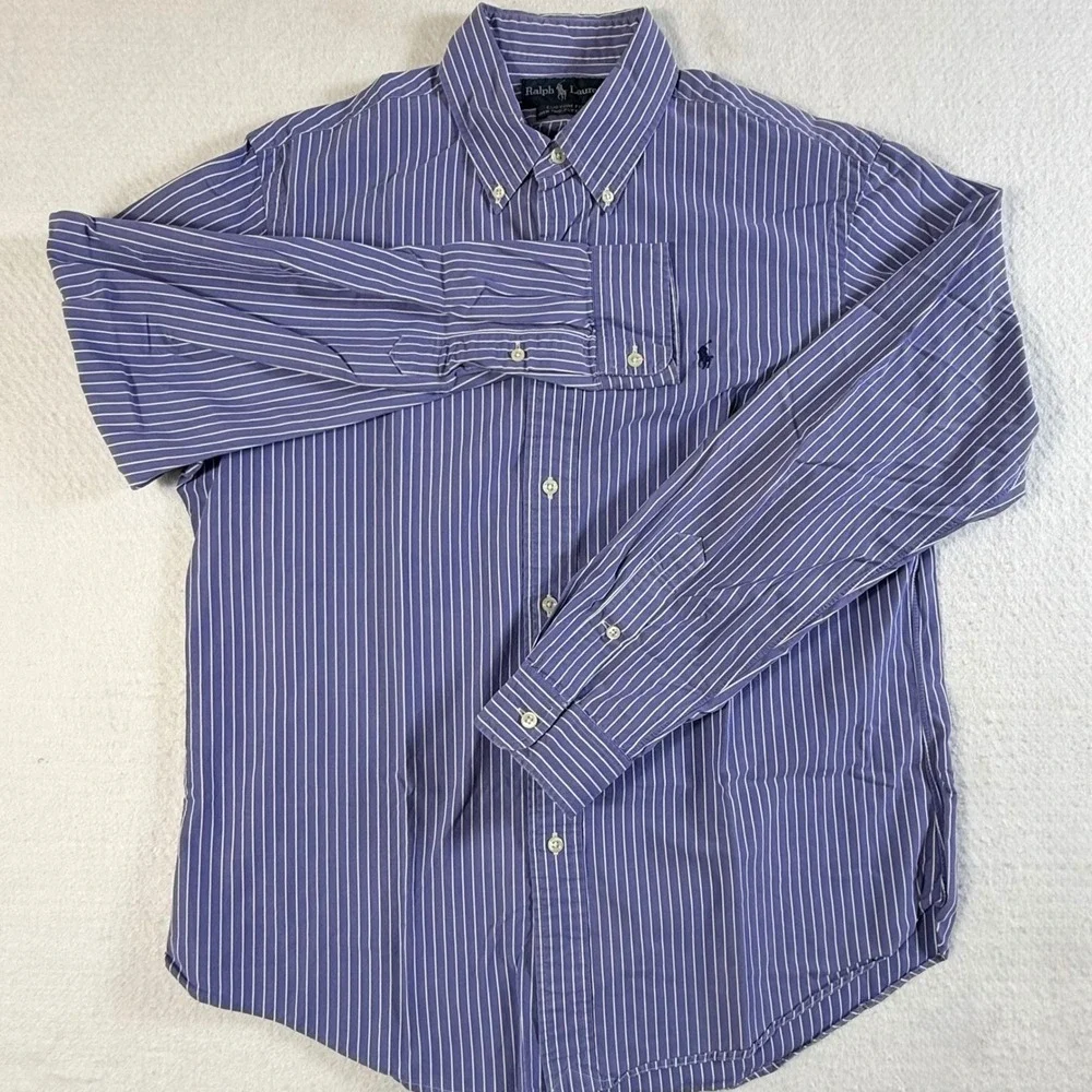 Ralph Lauren Button Down Shirt Mens Large Custom Fit Striped Blue Two Ply Cotton